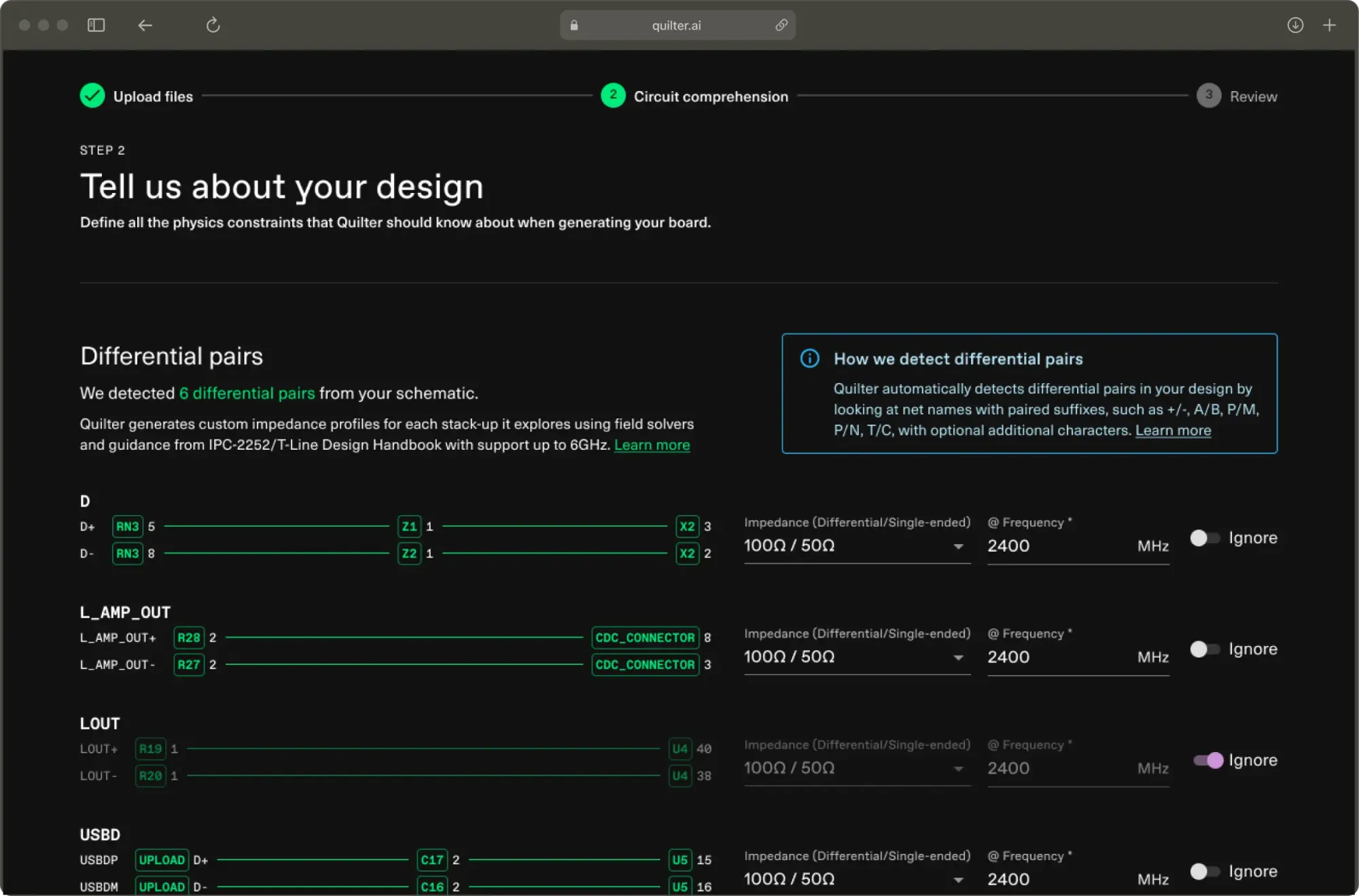 Quilter automatically detects differential pairs for you to review before submission.